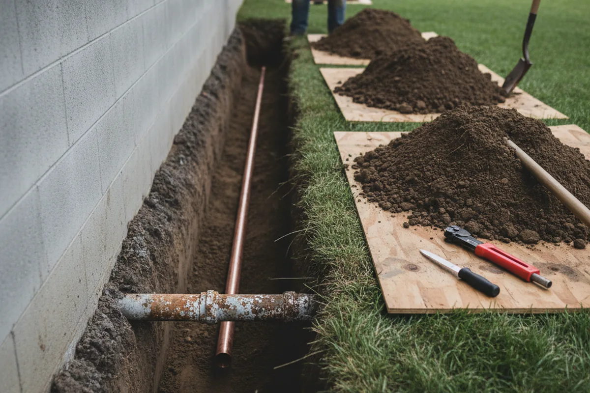 Excavated water line trench during Water Softener Installation in Wenona